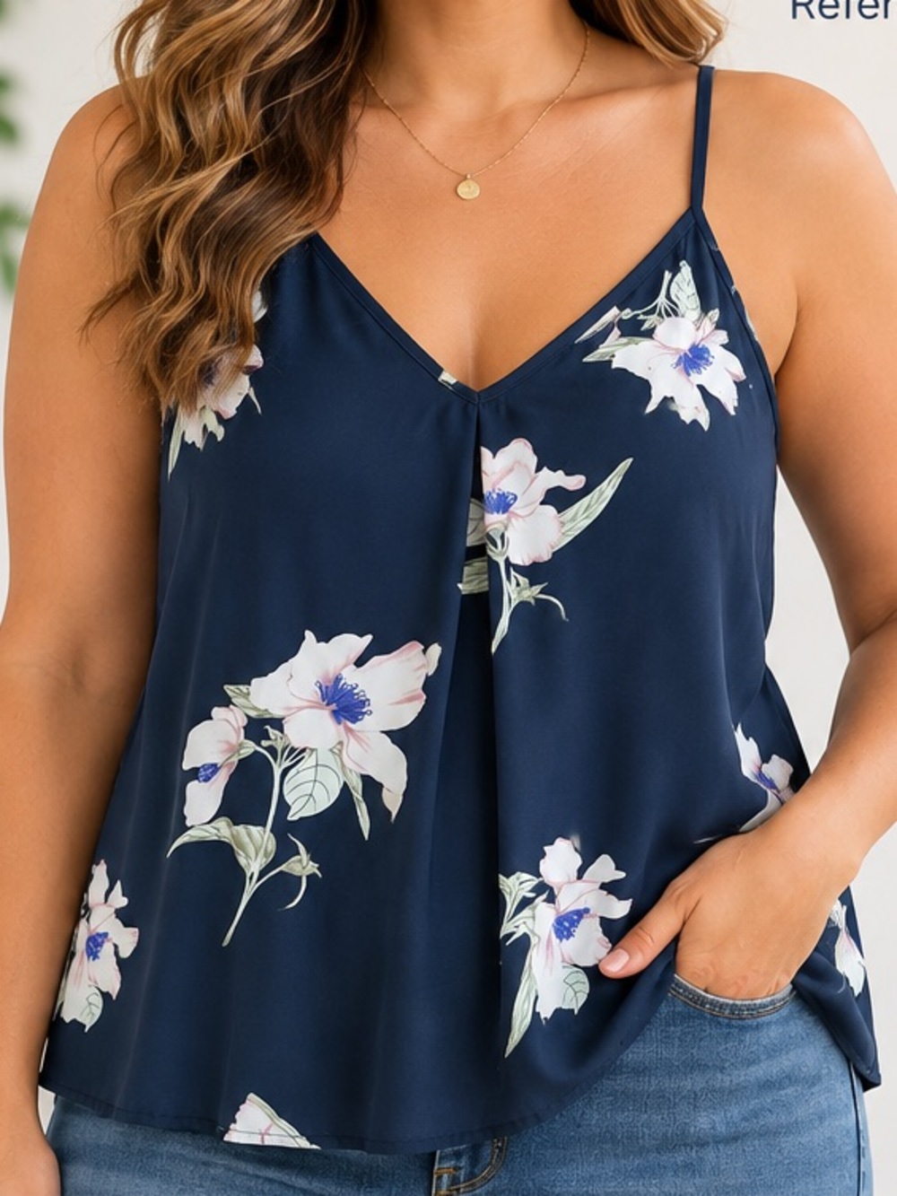Lush Navy Blue Floral Print Sleeveless Cami Tank Top Size XL Flowy Polyester